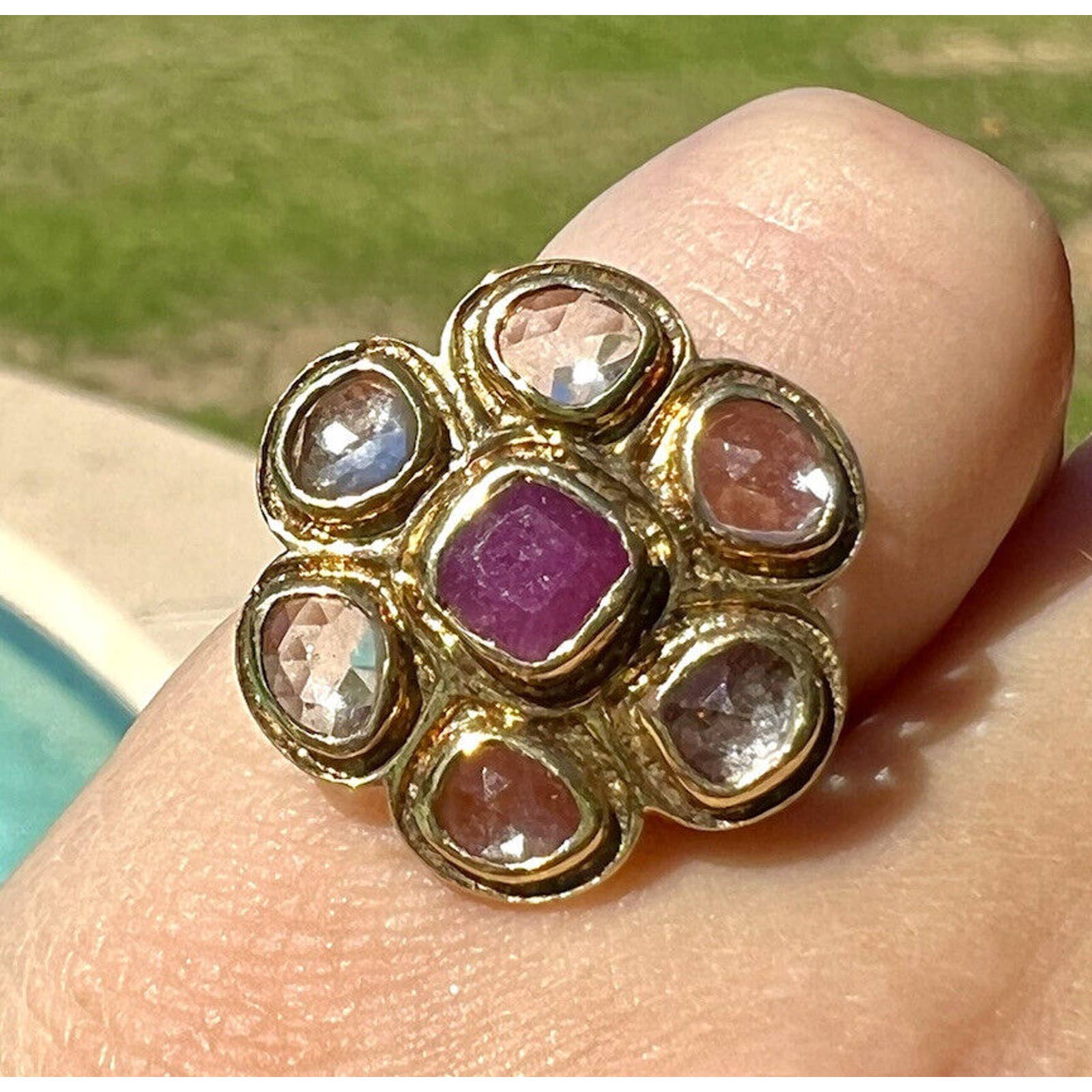 Vintage 925 Sterling Silver Vermeil Rose Cut Quartz And Natural Ruby Ring